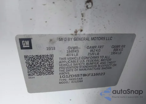 2019 Chevrolet Malibu Lt из США, поврежденный, VIN 1G1ZD5ST8KF116023